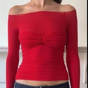 Orseund Iris Vibrant Red Off-Shoulder Long Sleeve Top